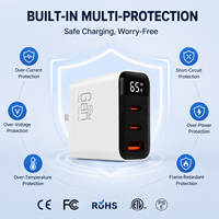 Chargeur rapide GaN 65W Type C PD avec affichage numérique, 3 ports en 1, prise murale pliable pour téléphone, ordinateur portable, tablette, logo personnalisé OEM, vente en gros