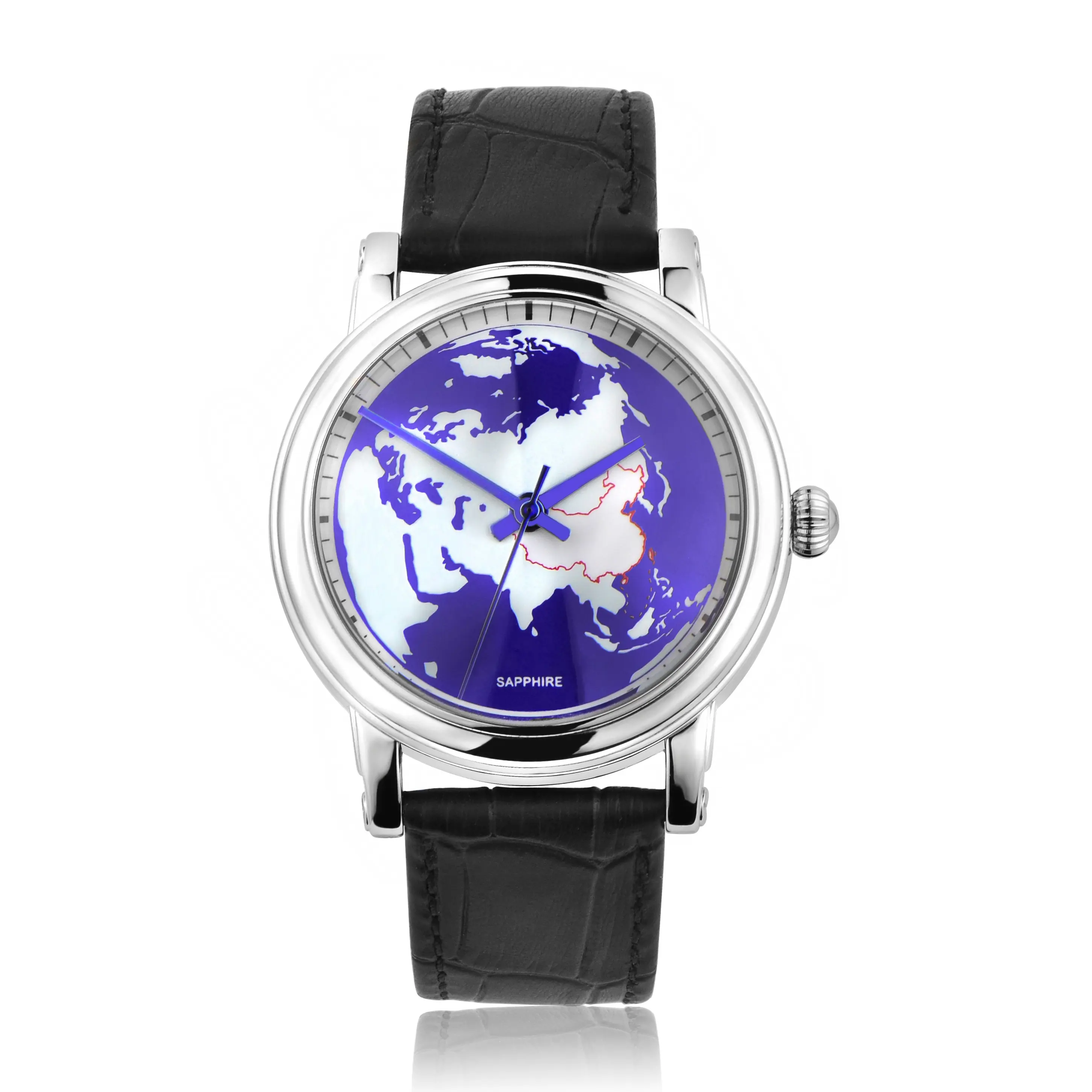 World Map Dial Automatic Mechanical 925 Sterling Silver Watch