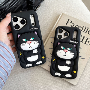 เคสโทรศัพท์ซิลิโคนลายการ์ตูนลูซิเฟอร์พร้อมขาตั้งแบบยืดหดได้สำหรับ iPhone 17 16 15 14 13 Pro Max ที่วางโทรศัพท์รูปแมวน่ารัก  ฝาหลังยาง - Product Image 1