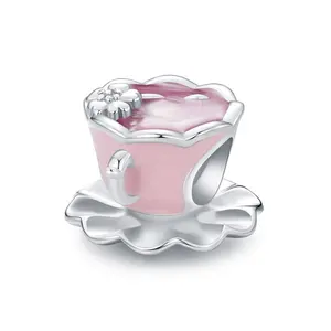 कस्टम कप लक्जरी डिजाइनर फैशन गुलाबी प्यारा अद्वितीय आकर्षण थोक तामचीनी थोक चांदी 925 चूड़ी गहने मोती और आकर्षण