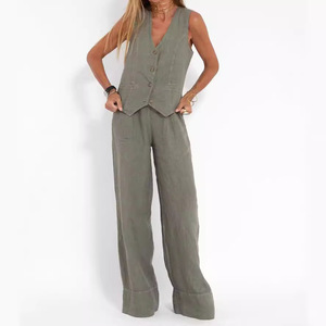 <span class=keywords><strong>Completi</strong></span> da <span class=keywords><strong>donna</strong></span> 2 pezzi gilet di <span class=keywords><strong>lino</strong></span> elegante set Casual pantaloni larghi - Product Image 2