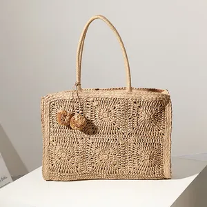 Eco-friendly Fabric Large Woven Straw Women Tote Handbag Can Fit 14 Inch Laptop For Shopping With Ball