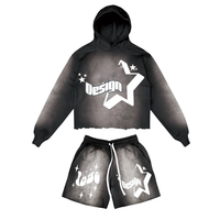 Ensemble sweat à capuche et short vintage délavé à l'acide, effet usé, 400 g/m², sweat à capuche personnalisé avec fermeture éclair, short imprimé en relief