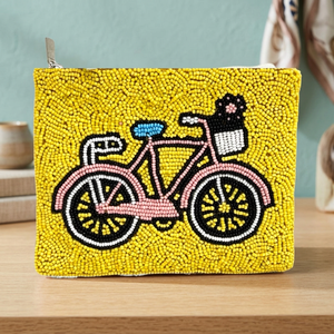 Porte-monnaie jaune perlé avec fermeture éclair, motif vélo, fait main, pour usage quotidien - Product Image 1