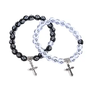 Gelang manik-manik salib hitam dan putih Christian, gelang rosario pria dan wanita jarak jauh untuk pasangan