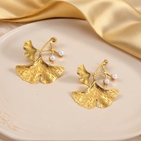 Boucles d'oreilles feuille de ginkgo femme, acier inoxydable plaqué or 18K perle imitation