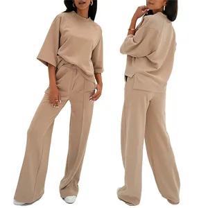 Set di pantaloni da donna personalizzati di alta qualità con tracolla oversize francese in spugna 3/4 Top a maniche corte e pantaloni larghi in maglia