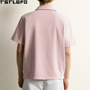 เสื้อถักเนื้อผ้ามีเท็กซ์เจอร์แบบตัดเย็บสำเร็จสำหรับผู้ชาย สีชมพูอมเทา ทรงปกติ แขนสั้น สไตล์สตรีทแวร์ เสื้อผู้ชาย ผู้ผลิตเสื้อจำนวนมาก - Product Image 4