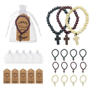 Ensemble de perles de baptême naturelles, bracelet vintage, croix, sac en maille blanche, cadeau de communion sainte, perles en bois, petit chapelet - Product Image 1