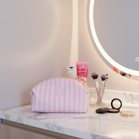 Sac de maquillage à fermeture éclair rayé rose écologique en gros 2026, sac de toilette portable, sac de cosmétique de voyage pour filles