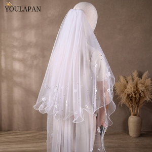 YouLaPan V217 Elegant Bridal <strong>Veil</strong> Double <strong>Blush</strong> With Comb Scattered Beads 3D Flowers Lady Party Dance Matching Headdress - Product Image 3