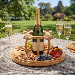 Plateau à fromage rond en bambou avec porte-verres à vin, plateau rotatif pour apéritifs et en-cas pour servir lors de fêtes - Product Image 2