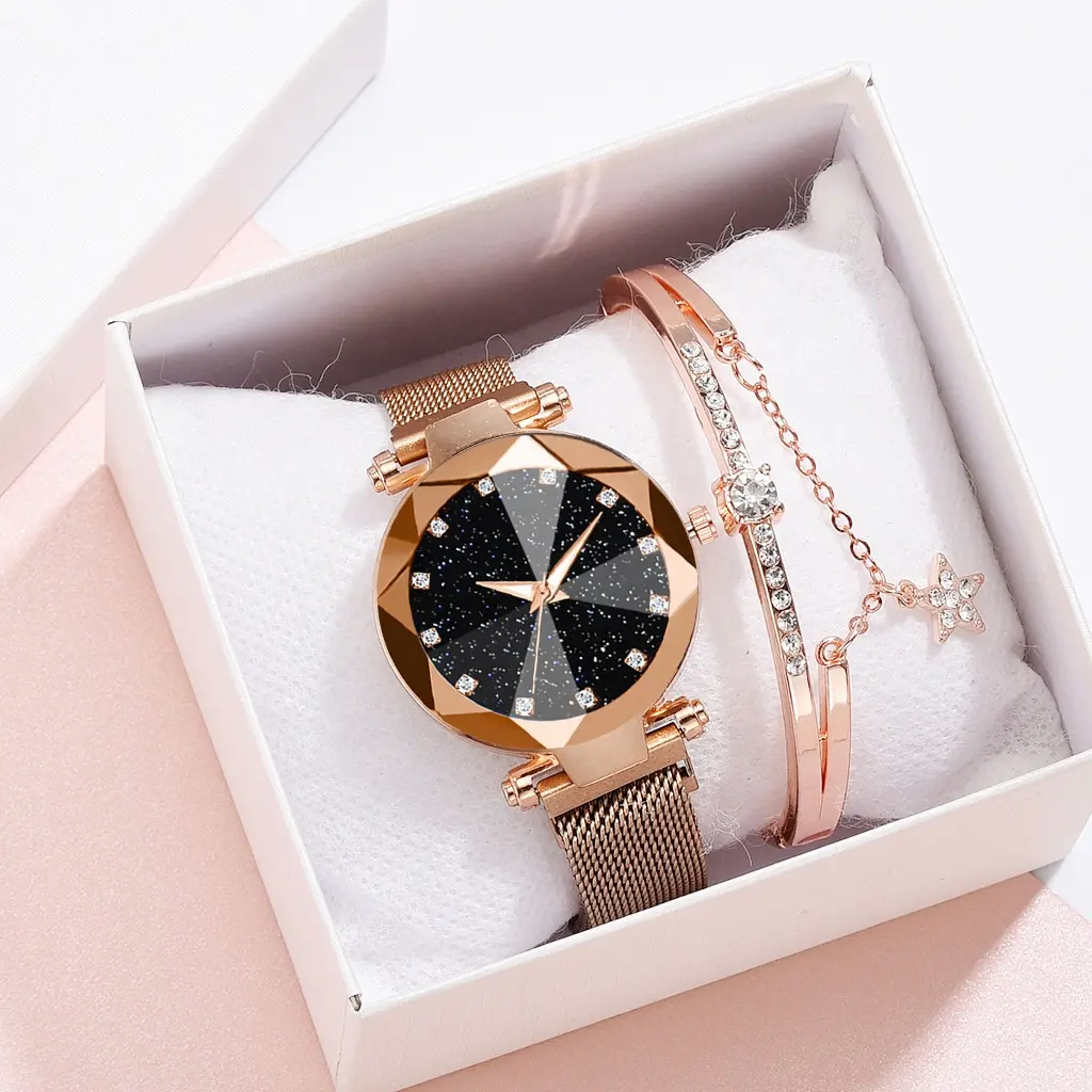 Wholesale Fashion Girls Watch Gift Set Quartz Magnet Mesh Lady Watch Set Starry Sky Diamond Watch Set For Women