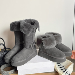 Botas de nieve grises para mujer 2026, nuevas, hasta la rodilla, forradas de lana, cálidas, de algodón grueso, con suela elevadora de 2 usos - Product Image 1