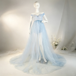 Robe de photographie de maternité européenne-américaine sexy à manches courtes en dentelle et tulle, longue robe de soirée pour femme <span class=keywords><strong>enceinte</strong></span>, costume de séance photo - Product Image 6