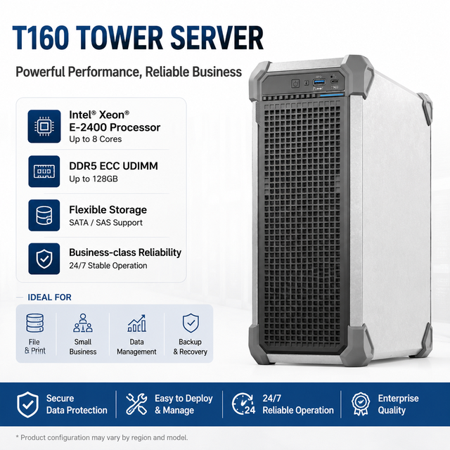 T160 Tower Server Intel Xeon E-2400 Series DDR5 ECC Memory 128GB Compact Business Server for SMB Edge Computing in Stock