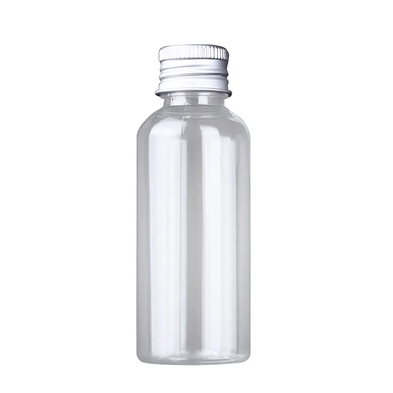 Botellas de plástico transparente con tapas de tornillo de aluminio, venta al por mayor
