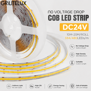 เทปไฟ LED แบบ COB CRI90 ไม่มีจุดแสง ไม่ลดแรงดันไฟฟ้า DC24V ความสว่างสม่ำเสมอ 10W/เมตร สำหรับจอแสดงผลในร้านค้าปลีก - Product Image 1