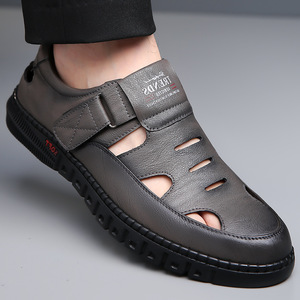 Trends Men Leather Sandals <b>Flat</b> Breathable Hollow-Out Velcro Closure Soft Sole Casual Shoes Brown - Product Image 3