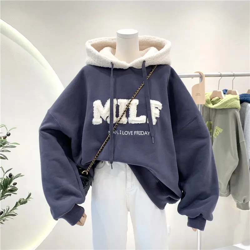 New fashion Letter Stitching Lamb Hair and Velvet Hooded Sweater Sweatshirts Womens Oversized Hoodies