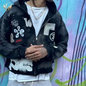 Streetwear personnalisé lavé à l'acide en détresse Chenille Applique broderie ourlet brut coupe couture soleil fané recadrée strass sweats à capuche - Product Image 5