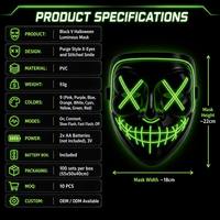 Máscara Luminosa EL Estilo Purge para Halloween - Material PVC, 9 Colores, Ojos Cosidos, Sonrisa, 3 Modos de Destello, Caja de Batería |   Disfraces para Fiestas