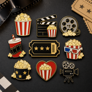 Al por mayor, pines de solapa de metal esmaltados de alta calidad, personalizados con diseño de palomitas de maíz y temática de <span class=keywords><strong>cine</strong></span>, para regalos promocionales de <span class=keywords><strong>cine</strong></span> - Product Image 1