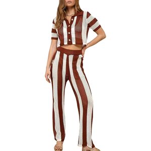 Conjunto de Dos Piezas de Crochet Personalizado 2026 para Mujer, Pantalones de Malla a Rayas, Atuendo de Playa de Verano, Transpirable, con Diseño Calado, Ropa de Moda - Product Image 3