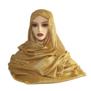 Wholesale Ethnic Luxury Muslim Lady Shimmer Polyester Shawls Glitter Golden Silk Head Scarf Foulard Khimar Hijab For Women Dubai