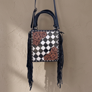 Bolsos de Diseño con Estampado a Cuadros Estilo Occidental, Nuevo Bolso de Cuero con Flecos Hecho a Mano, Estilo Bohemio Gitano - Product Image 1
