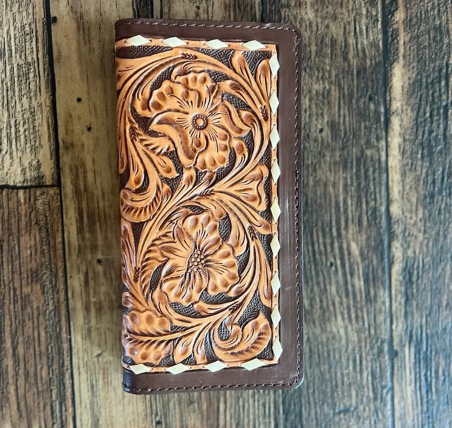 Dompet kulit tooled coklat kualitas tinggi penjualan terbaik dompet gaya Barat pabrikan grosir