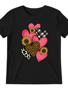 T-shirt da donna con stampa a cuore, manica corta, girocollo, casual, in jersey di cotone, con stampa a quadri, pois e animali, per la primavera - Product Image 1