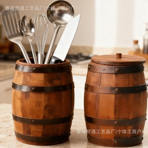 Vase en bois en forme de baril à vin avec couvercle, seau de rangement rond pour une utilisation décorative à la maison - Product Image 2
