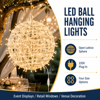 Lampes suspendues en forme de boule en rotin LED 220V, disponibles en tailles 20cm, 30cm, 40cm, 50cm, pour la décoration d'événements et de commerces