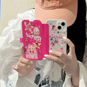 Capas protetoras de couro flip fofas para celular Barbie, capas luxuosas com estampa transparente para o iphone 14 13 12 Series