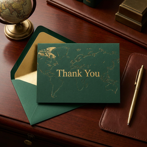 Cartes de remerciement personnalisées en relief avec feuille d'or et <span class=keywords><strong>carte</strong></span> <span class=keywords><strong>du</strong></span> <span class=keywords><strong>monde</strong></span> vert émeraude, imprimées, pour cadeaux d'entreprise, emballage cadeau, cartes de vœux en gros - Product Image 1