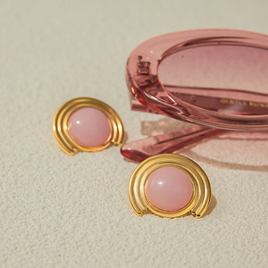 <b>Stud</b> <b>Earrings</b> Round Rose Quartz Gold Plated Geometric Design Bezel Setting Fashion Jewelry - Product Image 3