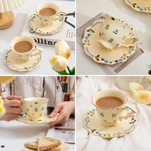 Ceramic Coffee <b>Cup</b> <b>And</b> <b>Saucer</b> <b>Set</b> Floral Pattern Irregular Shape Handle For Afternoon <b>Tea</b> Home Use DB1552DD0964 - Product Image 3