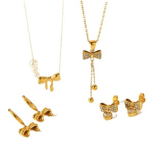 Ensemble collier et boucles d'oreilles nœud papillon doré, plaqué or 18 carats, pendentif perle, bijoux de fête, accessoires de mode pour femmes - Product Image 5