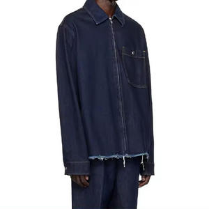 Vente en gros de vestes en jean décontractées pour hommes de haute qualité, chemise en jean bleu foncé à fermeture éclair pour hommes, veste en jean vintage à bords bruts - Product Image 3
