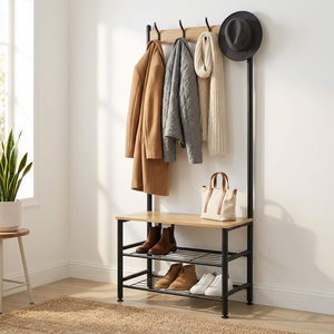 <span class=keywords><strong>Porte</strong></span>-<span class=keywords><strong>manteau</strong></span> industriel 3-en-1 avec banc de rangement d'entrée et étagère à chaussures, organisateur de couloir avec 4 crochets pour vêtements - Product Image 5
