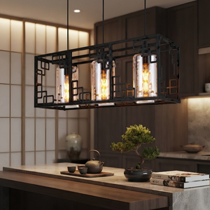 Lámpara Colgante Lineal de 3 Luces con Jaula Metálica de Estilo Chino Dynasty en Negro Mate para Isla de Cocina - Product Image 4