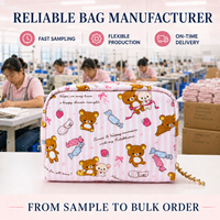 Pochette cosmétique rayée rose avec logo personnalisé, adorable ourson de dessin animé, trousse de maquillage kawaii, trousse de toilette de voyage pour filles, organiseur de beauté
