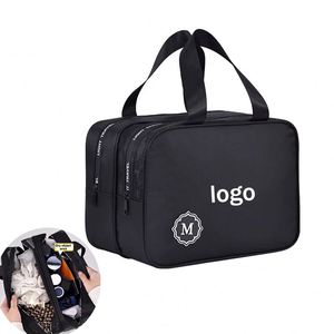 Sac de toilette de voyage double couche grande capacité avec logo personnalisé, étanche, portable, pour cosmétiques, fermeture éclair, compartiments sec/humide - Product Image 1