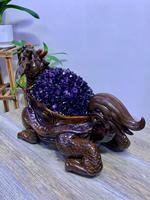 Statue de tortue dragon en cristal d'améthyste naturelle, grappe de cristaux violets, géode avec support en bois massif sculpté à la main, tortue dragon porte-bonheur
