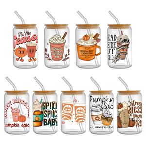 16oz Tumbler modèle DTF autocollant automne automne citrouille personnalisé UV Wrap transfert pour verre et PET étanche bricolage personnaliser étiquette - Product Image 2