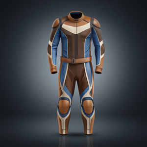 Traje de Motociclismo de Cuero para Hombre, Color Marrón y Azul, de Una Pieza, Manga Larga, con Protección - Product Image 1