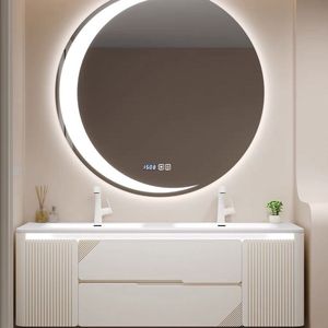 Modern Cream Hotel Vanity Combo Porcelain Basin Lacquer Plywood Bathroom Vanity with Sink and Cabinet - Product Image 3