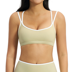 Wholesale Women's Contrast Trim Crisscross <b>Strap</b> Sports <b>Bra</b> V-Neck Yoga <b>Bra</b> with Removable Pads Slim Fit Breathable Activewear - Product Image 5