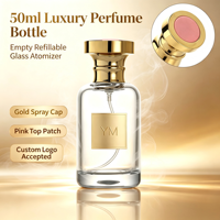 Flacon de parfum cylindrique en verre transparent blanc de 50 ml avec pompe pulvérisatrice dorée et patch de surface rose, atomiseur de parfum vide rechargeable